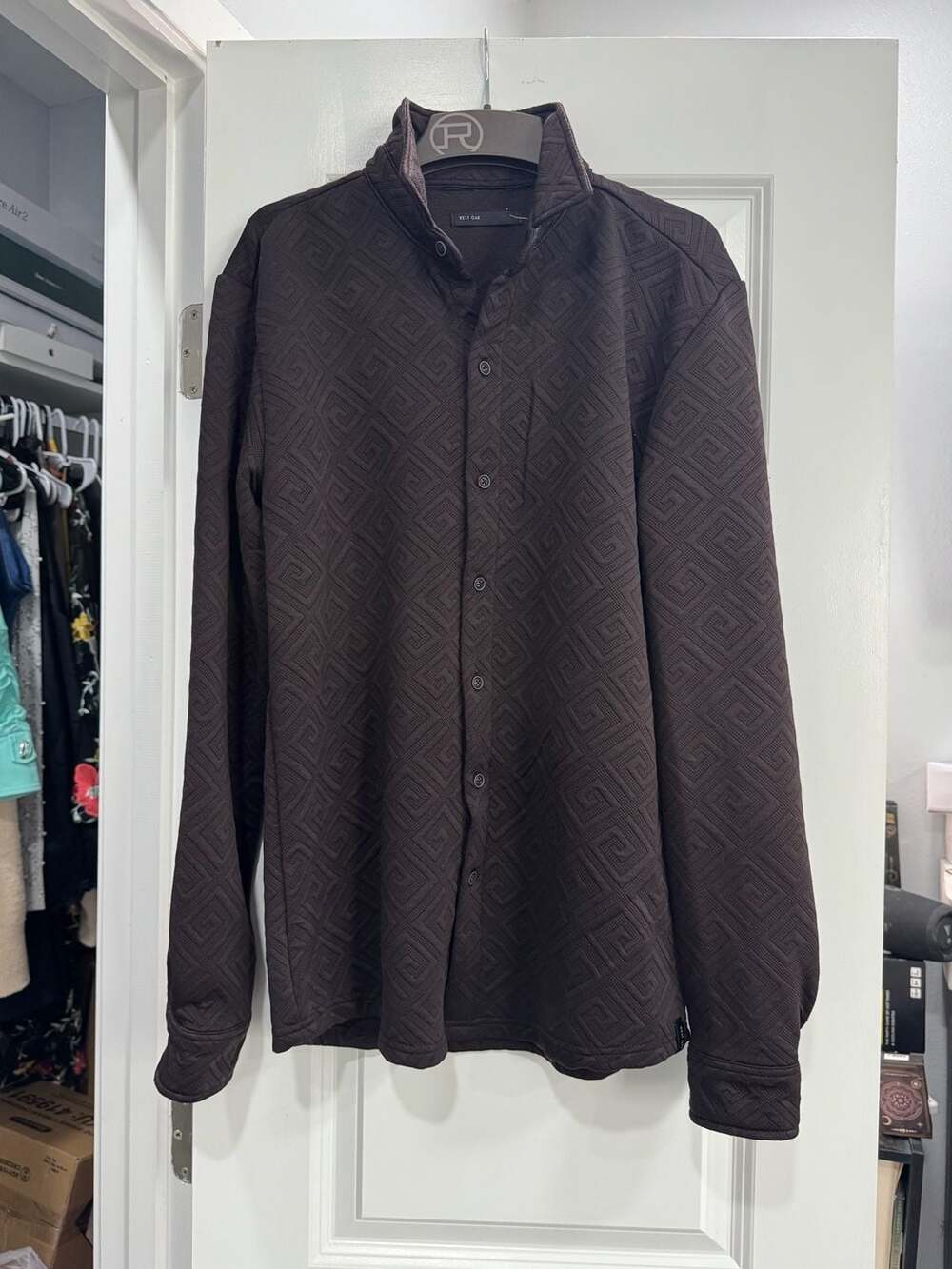 West Oak Brown Geometric Jacquard Textured Long Sleeve Button Down Shirt Medium